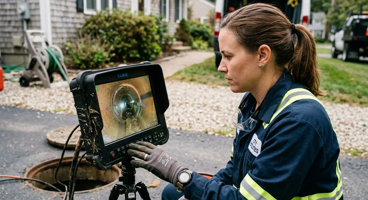 Technician reviewing sewer camera inspection footage in Vinita