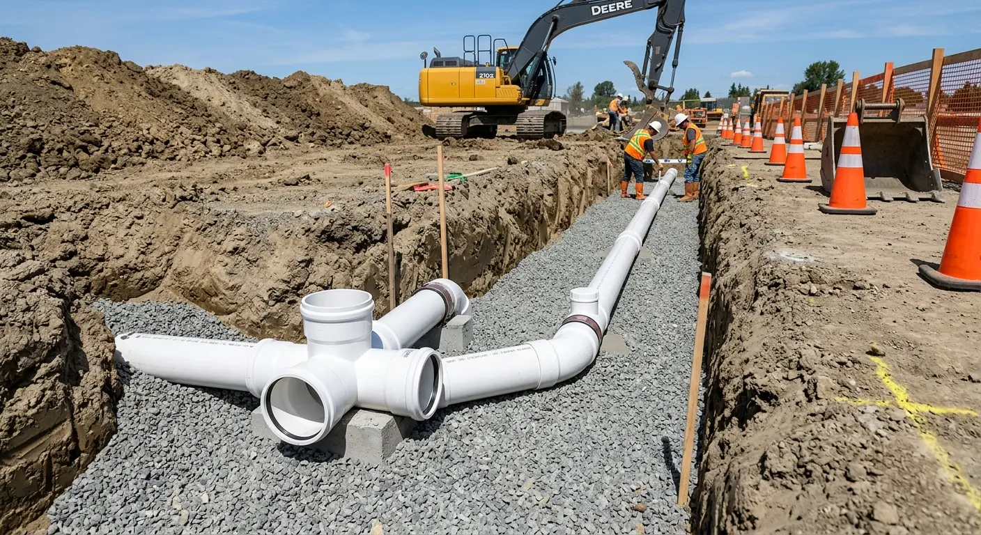 New PVC sewer pipe installation in open trench for Sewer Backup in Vinita